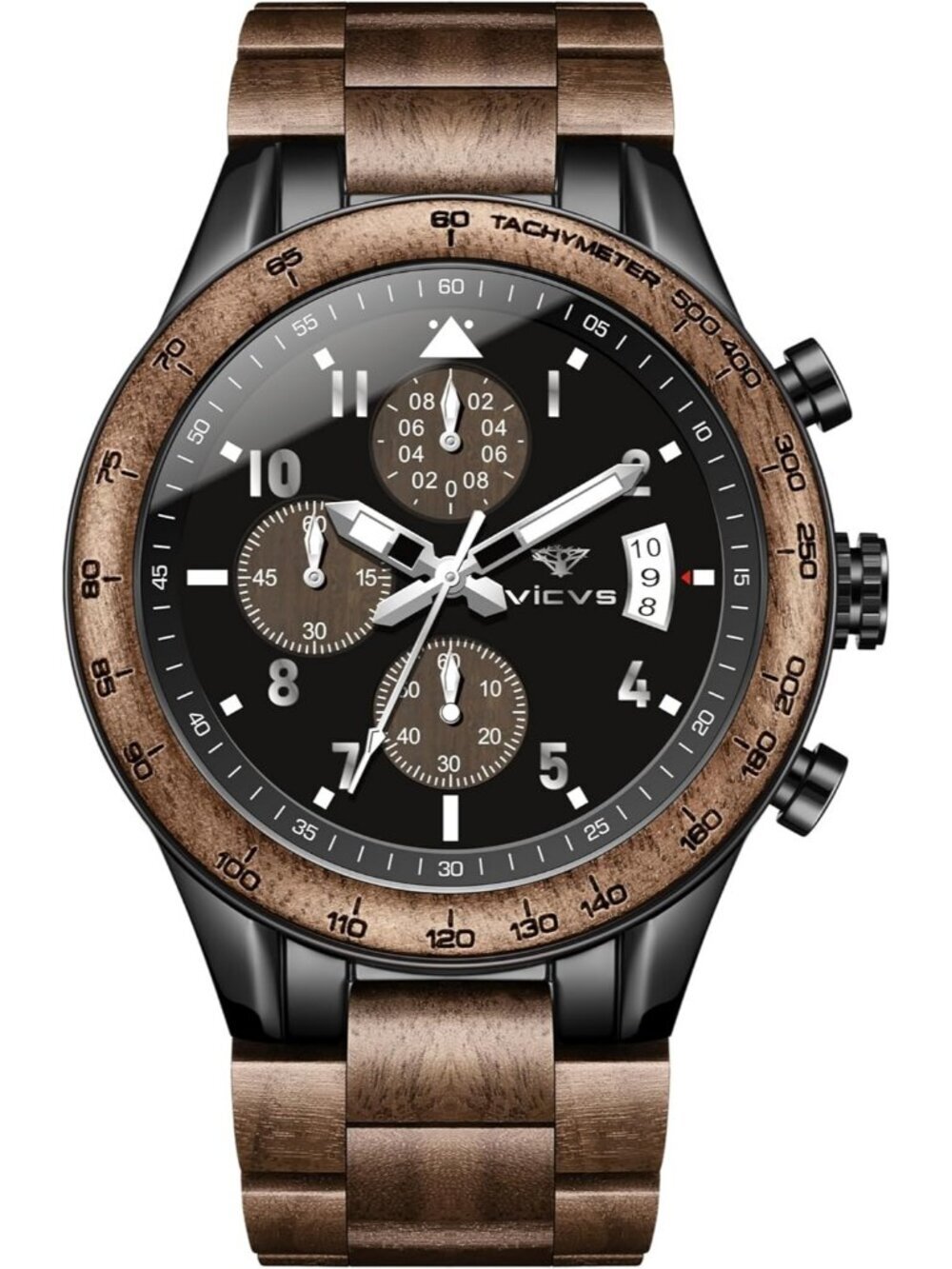 Mens Brown Black Stainless Steel Chronograph Quartz Multifunctional Wooden Watch